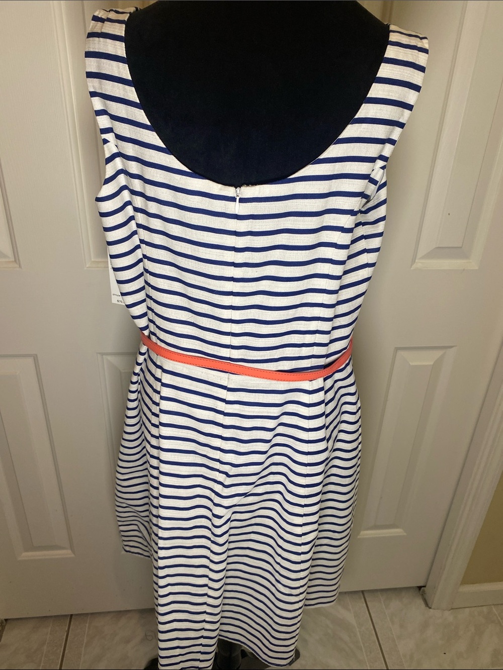 Tiana B. Navy and White Striped Sleeveless Midi Dress with Coral Belt size 16 - Picture 5 of 9